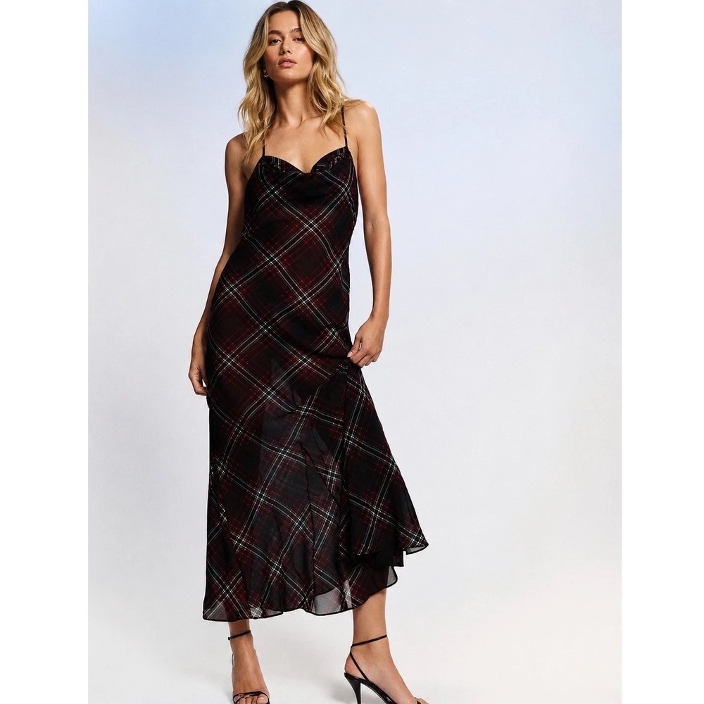 VICTORIA'S SECRET Women's New Maxi Dress SMALL Black Plaid Tartan Chiffon Slip
